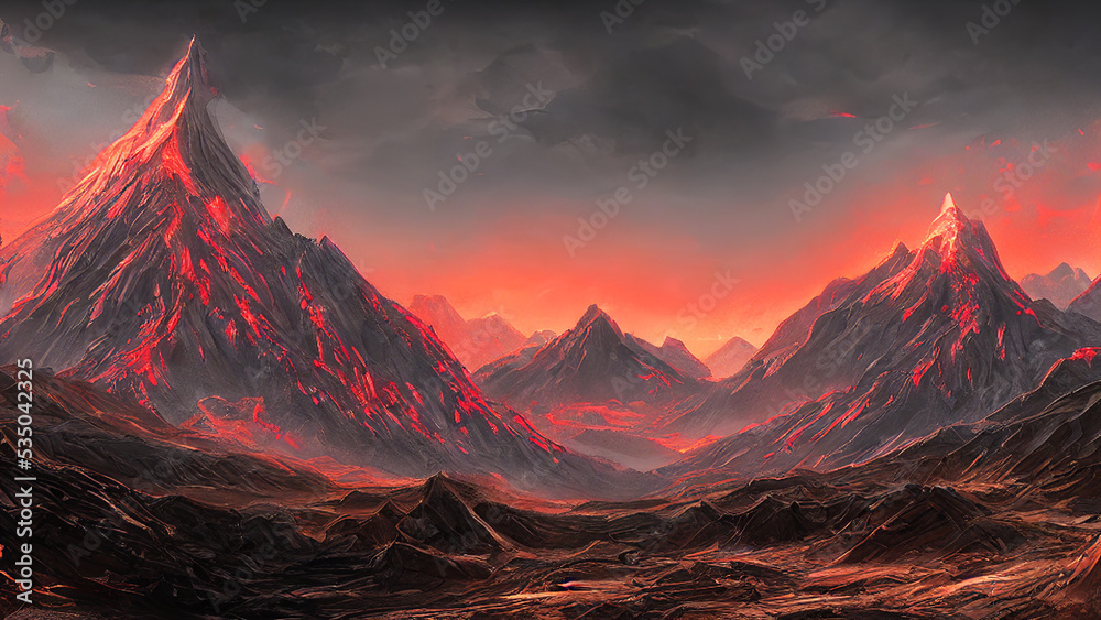 mountain scenery landscape with red color scheme and dark sky