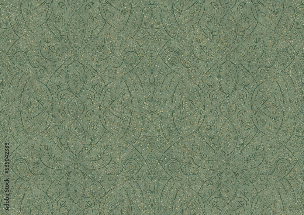 Hand-drawn unique abstract seamless ornament. Dark green on light warm green background, with splatters of golden glitter. Paper texture. Digital artwork, A4. (pattern: p08-2b) Hand-drawn unique abstract seamless ornament. Dark green on light warm green background, with splatters of golden glitter. Paper texture. Digital artwork, A4. (pattern: p08-2b)