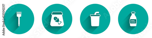 Set Fork, Online ordering fish, Paper glass with water and Bottle of icon with long shadow. Vector