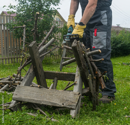 a man saws an old tree for firewood with an electric chain saw.