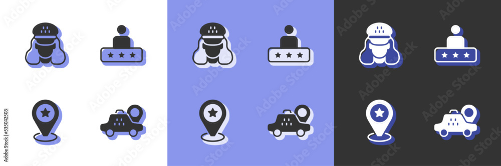 Set Location taxi car, Taxi driver, with star and service rating icon. Vector Set Location taxi car, Taxi driver, with star and service rating icon. Vector