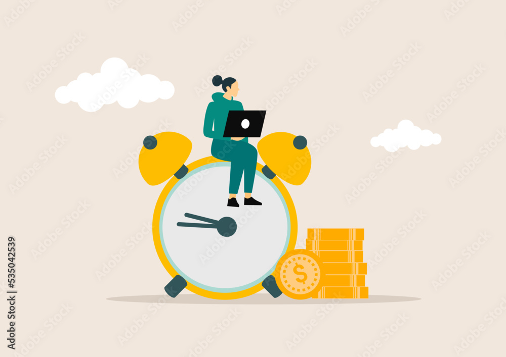 A woman with a laptop is sitting on a big clock, a vector illustration concept. A woman with a laptop is sitting on a big clock, a vector illustration concept.