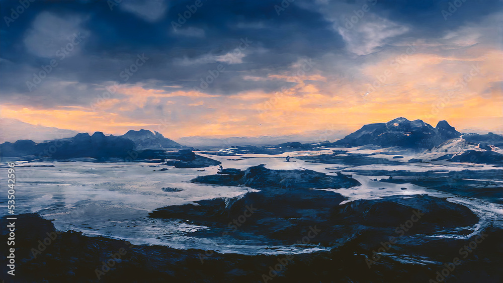 sunrise over the mountains with snow and red sky, nature landscape scenery