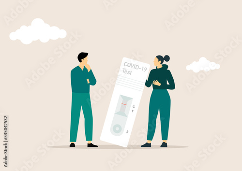 lucky woman as patient showing antigen self-test card with negative result for corona or covid-19 vector illustration concept.