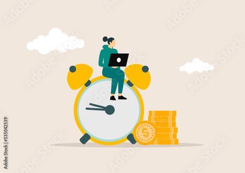 A woman with a laptop is sitting on a big clock, a vector illustration concept.