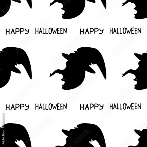 Seamless pattern with a silhouette of a witch on a white background with inscription Happy Halloween. The black negative of the witch's profile. Wrapping paper for Halloween. Halloween concept.