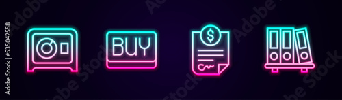 Set line Safe, Buy button, Contract money and Office folders. Glowing neon icon. Vector