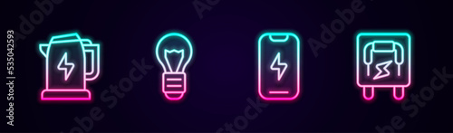 Set line Electric kettle, Creative lamp light idea, Mobile phone and Electrical panel. Glowing neon icon. Vector