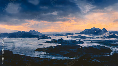 sunrise over the mountains with snow and red sky, nature landscape scenery