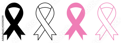 Set of awareness ribbon icon. Black and pink colors. Vector illustration isolated on white background