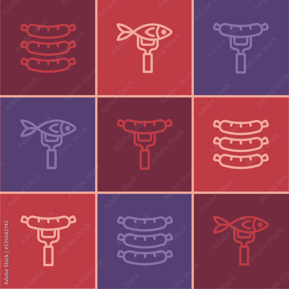 Set line Sausage, on the fork and Dried fish icon. Vector Set line Sausage, on the fork and Dried fish icon. Vector