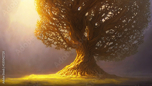 beautiful huge tree with sunlight in epic and celestial vibe
