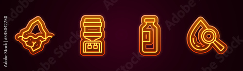 Set line Iceberg, Water cooler, Bottle of water and Drop and magnifying glass. Glowing neon icon. Vector