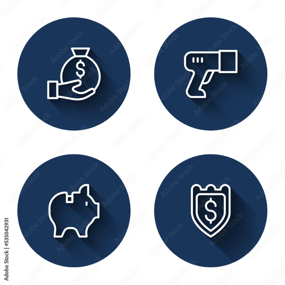 Set line Money bag, Scanner scanning bar code, Piggy bank and Shield with dollar with long shadow. Blue circle button. Vector Set line Money bag, Scanner scanning bar code, Piggy bank and Shield with dollar with long shadow. Blue circle button. Vector