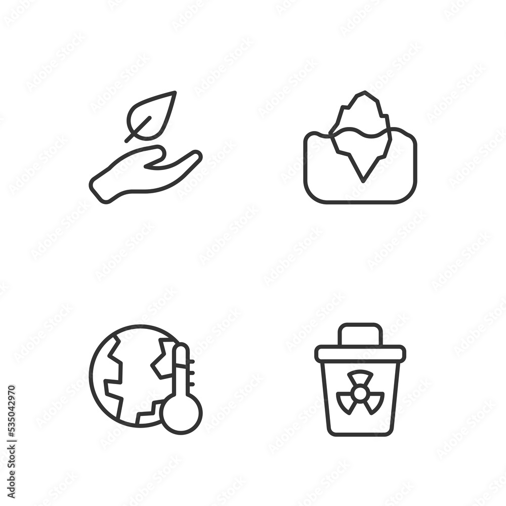 Fototapeta premium Set line Infectious waste, Earth melting to global warming, Leaf hand and Iceberg icon. Vector