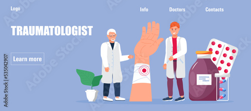 Traumatologist concept vector. Tiny doctors of traumatology treat patient.