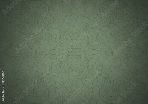 Hand-drawn unique abstract symmetrical seamless ornament. Dark semi transparent green on a light warm green with vignette of a darker background color. Paper texture. A4. (pattern: p07-1a)