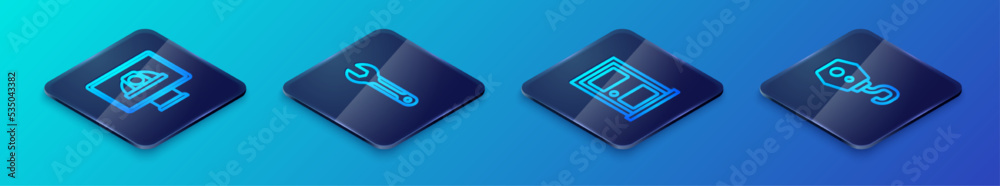 Set Isometric line Closed door, Worker safety helmet, Crane hook and Wrench spanner icon. Vector