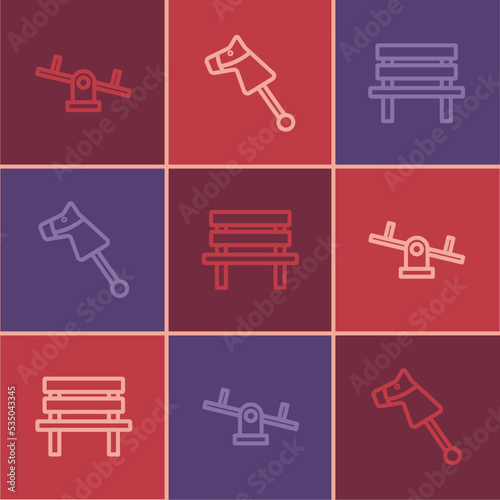 Set line Seesaw, Bench and Toy horse icon. Vector