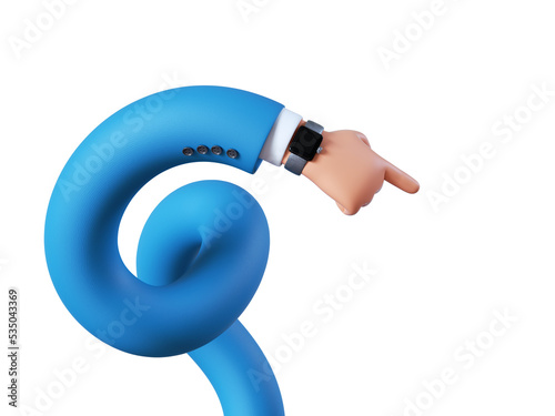 3d render, funny cartoon character spiral hand points forward, pointing finger, shows direction. Business clip art isolated on white background © NeoLeo