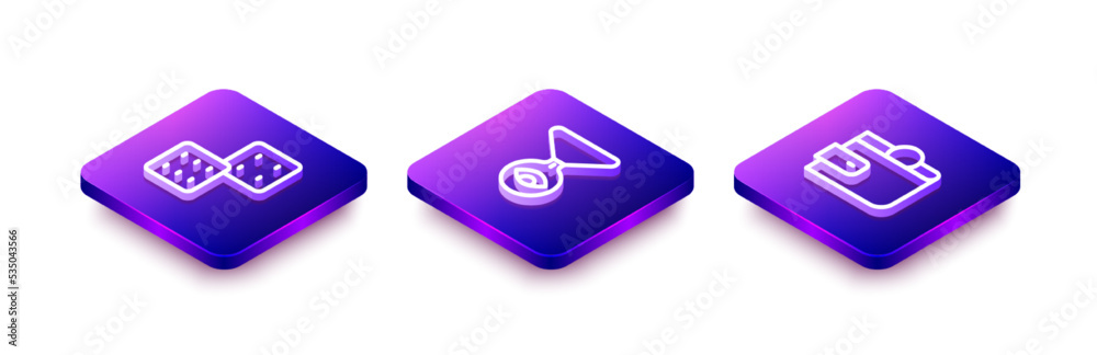 Set Isometric line Game dice, Medallion on chain with eye and Wallet icon. Vector Set Isometric line Game dice, Medallion on chain with eye and Wallet icon. Vector