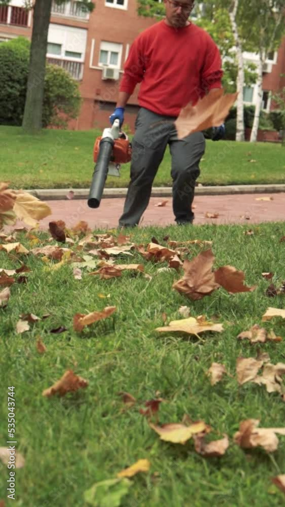 Gardener operating the leaf blower Gardener operating the leaf blower