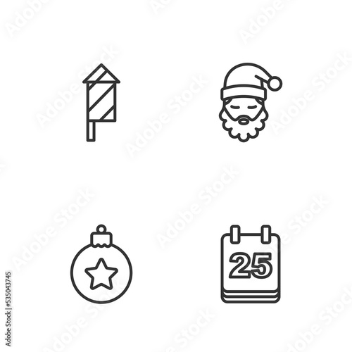 Set line Christmas day calendar, ball, Firework rocket and Santa Claus hat and beard icon. Vector