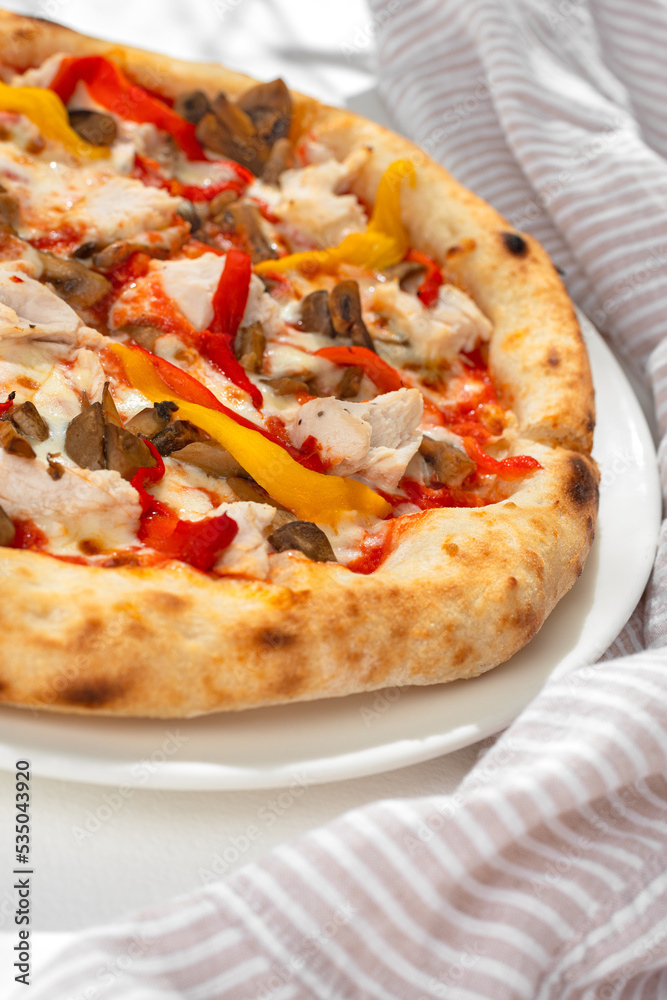 Pizza with chicken and mushrooms on white background for restaurant menu