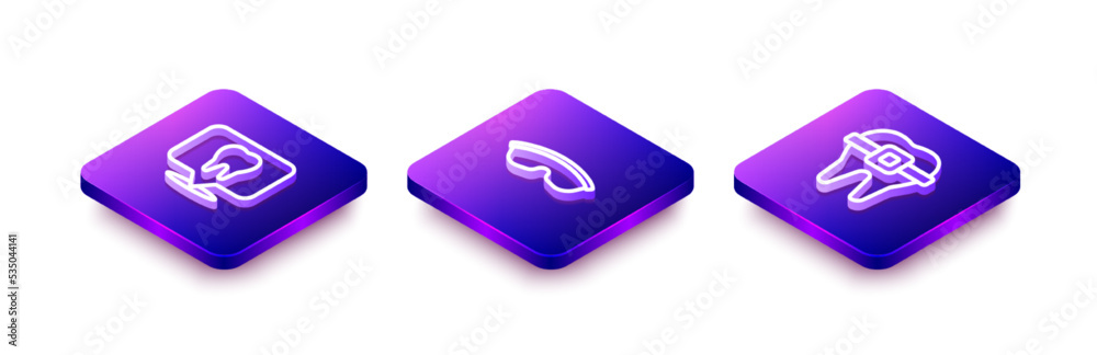 Set Isometric line Dental clinic location, Safety goggle glasses and Teeth with braces icon. Vector Set Isometric line Dental clinic location, Safety goggle glasses and Teeth with braces icon. Vector