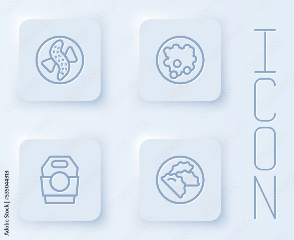 Set line Served cucumber on a plate, Rice in bowl, Asian noodles paper box and Dumpling. White square button. Vector Set line Served cucumber on a plate, Rice in bowl, Asian noodles paper box and Dumpling. White square button. Vector