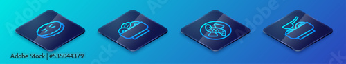 Set Isometric line Served cucumber on a plate, Homemade pie, Ramen soup bowl and Chow mein icon. Vector