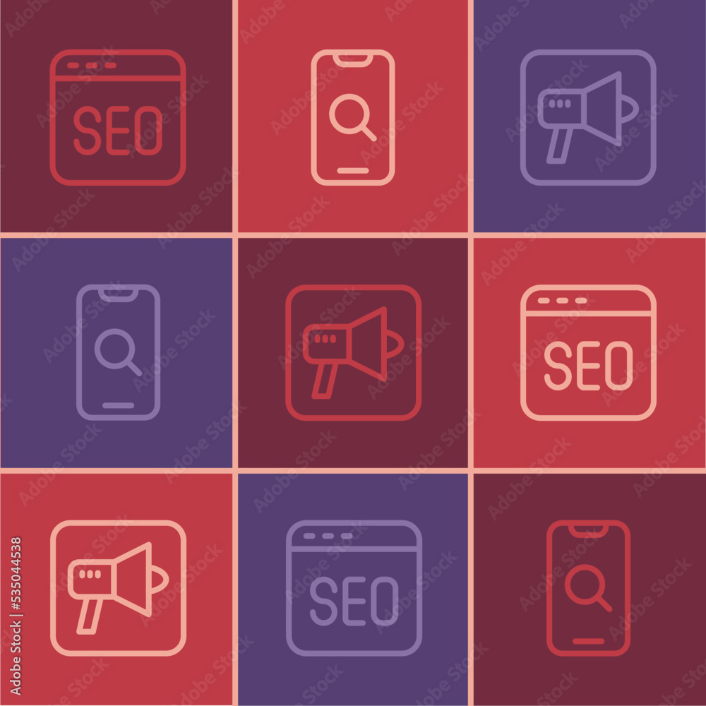 Set line SEO optimization, Megaphone and Magnifying glass and mobile icon. Vector Set line SEO optimization, Megaphone and Magnifying glass and mobile icon. Vector