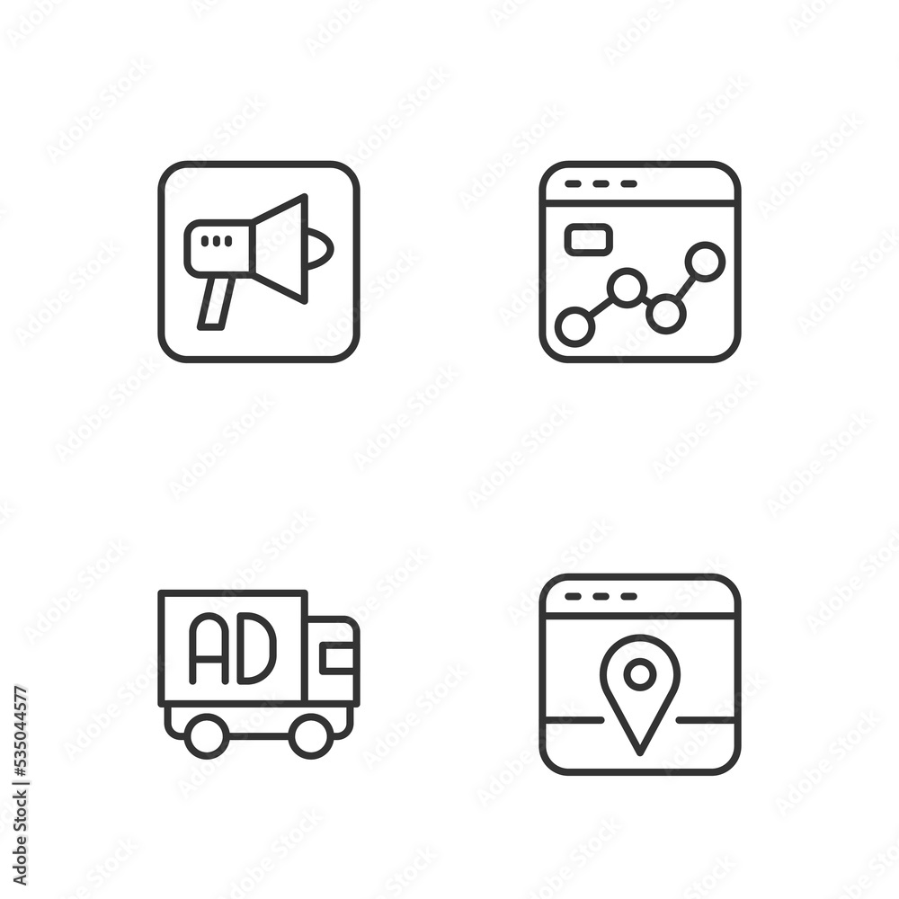 Set line Infographic of city map, Advertising on truck, Megaphone and Market analysis icon. Vector Set line Infographic of city map, Advertising on truck, Megaphone and Market analysis icon. Vector