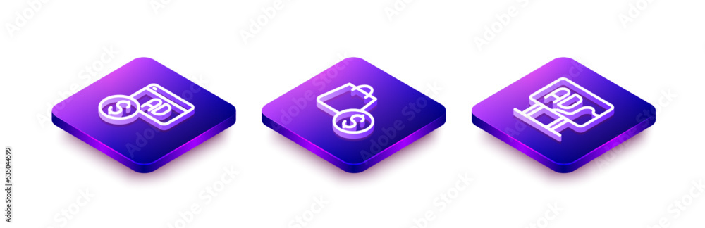 Set Isometric line Advertising, shopping bag and dollar and icon. Vector Set Isometric line Advertising, shopping bag and dollar and icon. Vector