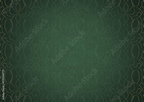 Hand-drawn unique abstract ornament. Light green on a dark warm green background, with vignette in golden glitter on darker background color. Paper texture. Digital artwork, A4. (pattern: p08-1c)
