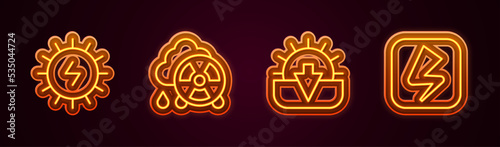 Set line Solar energy panel, Acid rain radioactive cloud, Sunset and Lightning bolt. Glowing neon icon. Vector