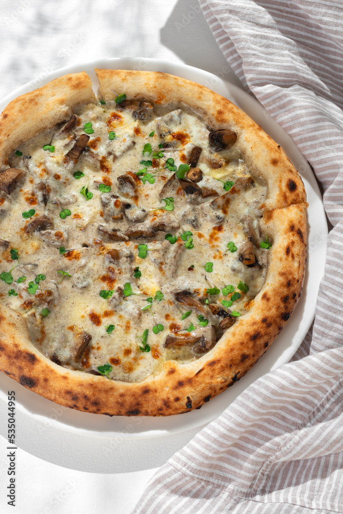 pizza with mushrooms and truffle sauce on white background for restaurant menu