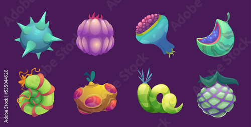 Fototapeta Naklejka Na Ścianę i Meble -  Fantasy fruits. Fairytale decorative comic plants magic fruits for game design project exact vector cartoon set