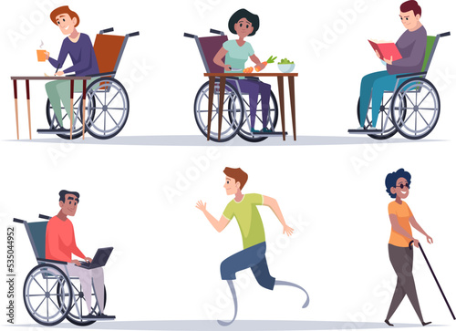 Diverse persons. Daily routine of people multinational characters on wheelchair exact vector people with prothesis