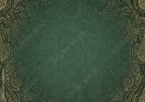 Hand-drawn unique abstract ornament. Light green on a dark warm green background, with vignette in golden glitter and splatters on darker background color. Paper texture. A4. (pattern: p01a)