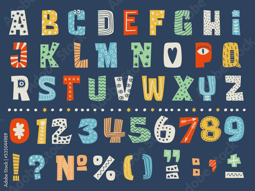 Alphabet. Letters numbers and punctuation marks in decorative style recent vector ornamental templates of alphabet