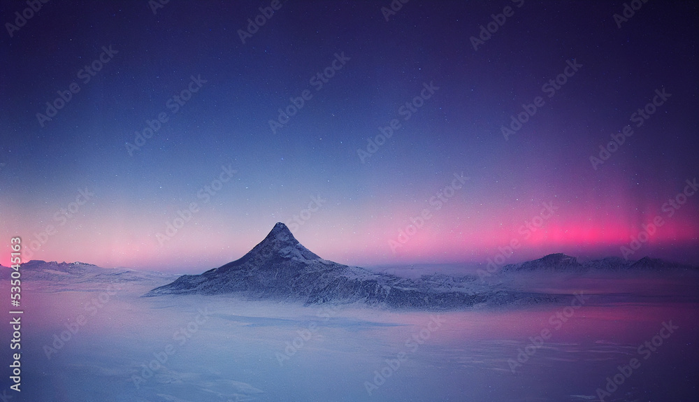 Northern Lights over snowy mountains. Aurora borealis with starry in the night sky. Fantastic Winter Epic Magical Landscape of snowy Mountains. Gaming RPG abstract background. Game asset	