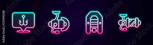 Set line Fishing hook, Spinning reel for fishing, Inflatable boat with motor and . Glowing neon icon. Vector