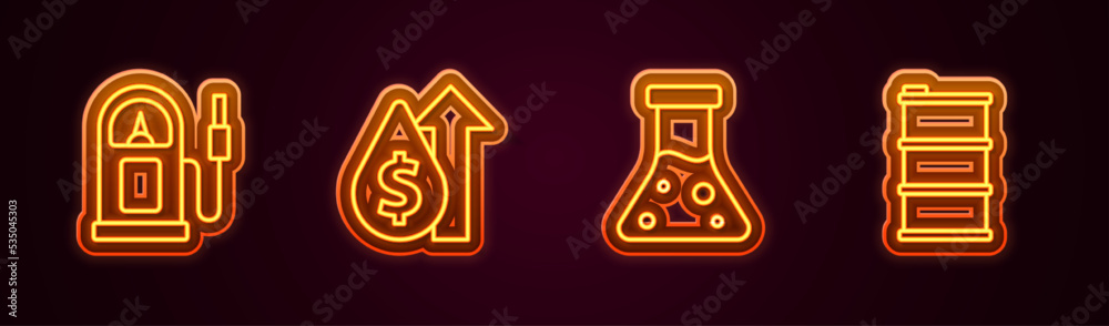Set line Petrol or gas station, Oil price increase, petrol test tube and Barrel oil. Glowing neon icon. Vector