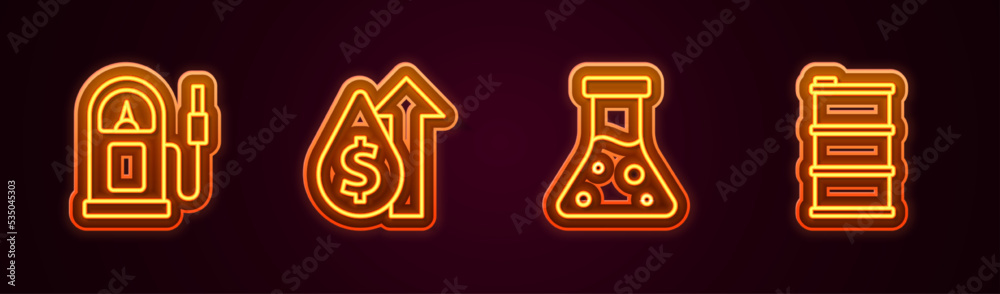 Set line Petrol or gas station, Oil price increase, petrol test tube and Barrel oil. Glowing neon icon. Vector Set line Petrol or gas station, Oil price increase, petrol test tube and Barrel oil. Glowing neon icon. Vector