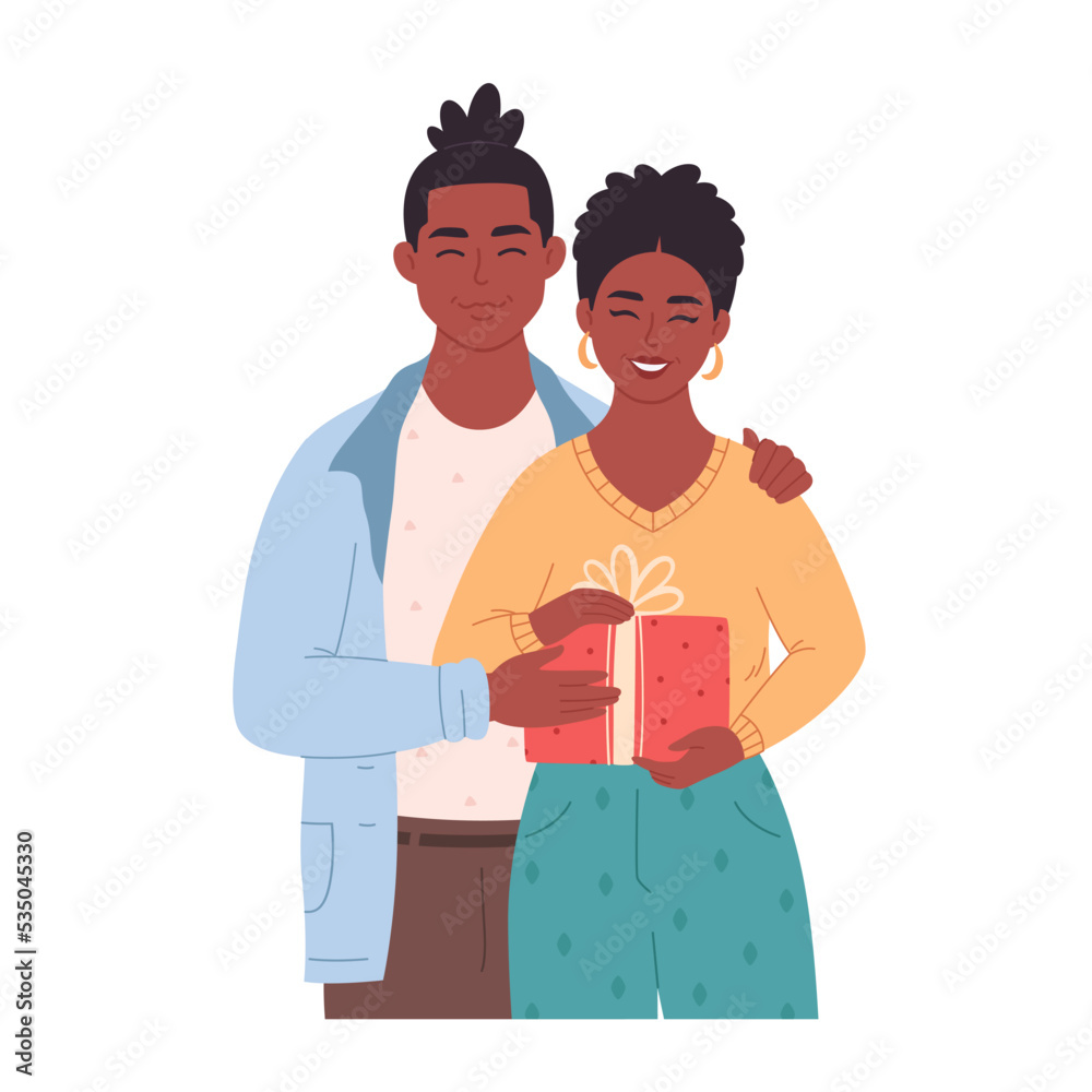 Black love couple hugging and giving gift. Love couple with present. African american family. Holiday surprise. Boxing Day. Hand drawn vector illustration Black love couple hugging and giving gift. Love couple with present. African american family. Holiday surprise. Boxing Day. Hand drawn vector illustration