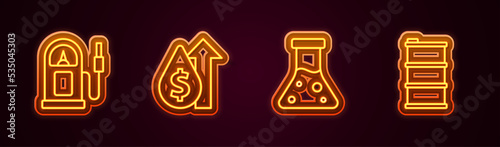 Set line Petrol or gas station, Oil price increase, petrol test tube and Barrel oil. Glowing neon icon. Vector