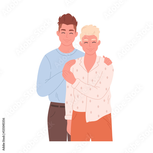 Gay couple hugging and smiling. Sweetheart couple together. LGBT couple, LGBT pride. Homosexual man couple. Hand drawn vector illustration