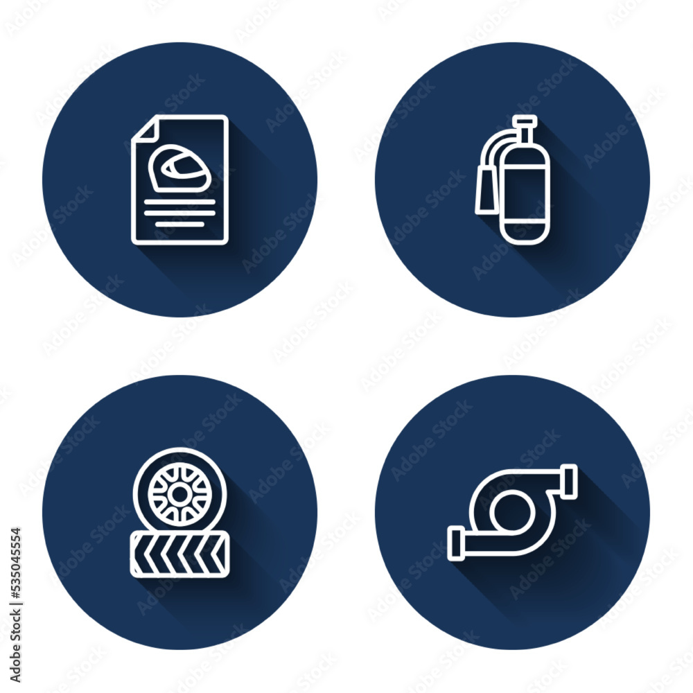 Set line Racing helmet, Fire extinguisher, Car tire wheel and Automotive turbocharger with long shadow. Blue circle button. Vector