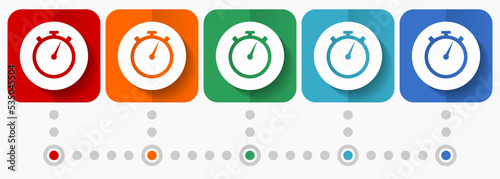 Stopwatch vector icons, infographic template, set of flat design clock symbols in 5 color options